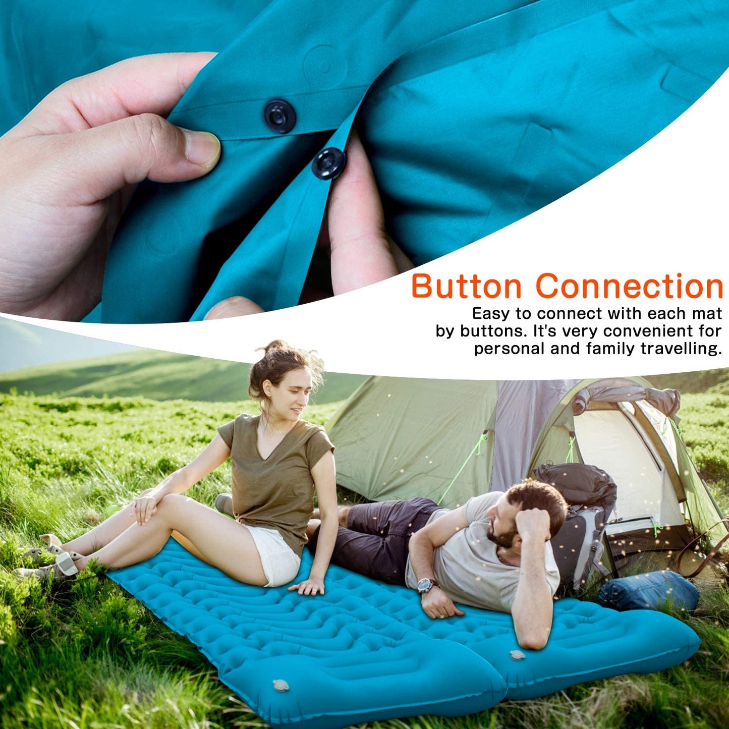 Camping Sleeping Pad, 2021 Newest Inflatable with Foot Press Sleeping Mat Pillow，Button Connection Large Size 4"-Thick, Portable Waterproof and Compact Air Mat for Camping,Hiking,Beach